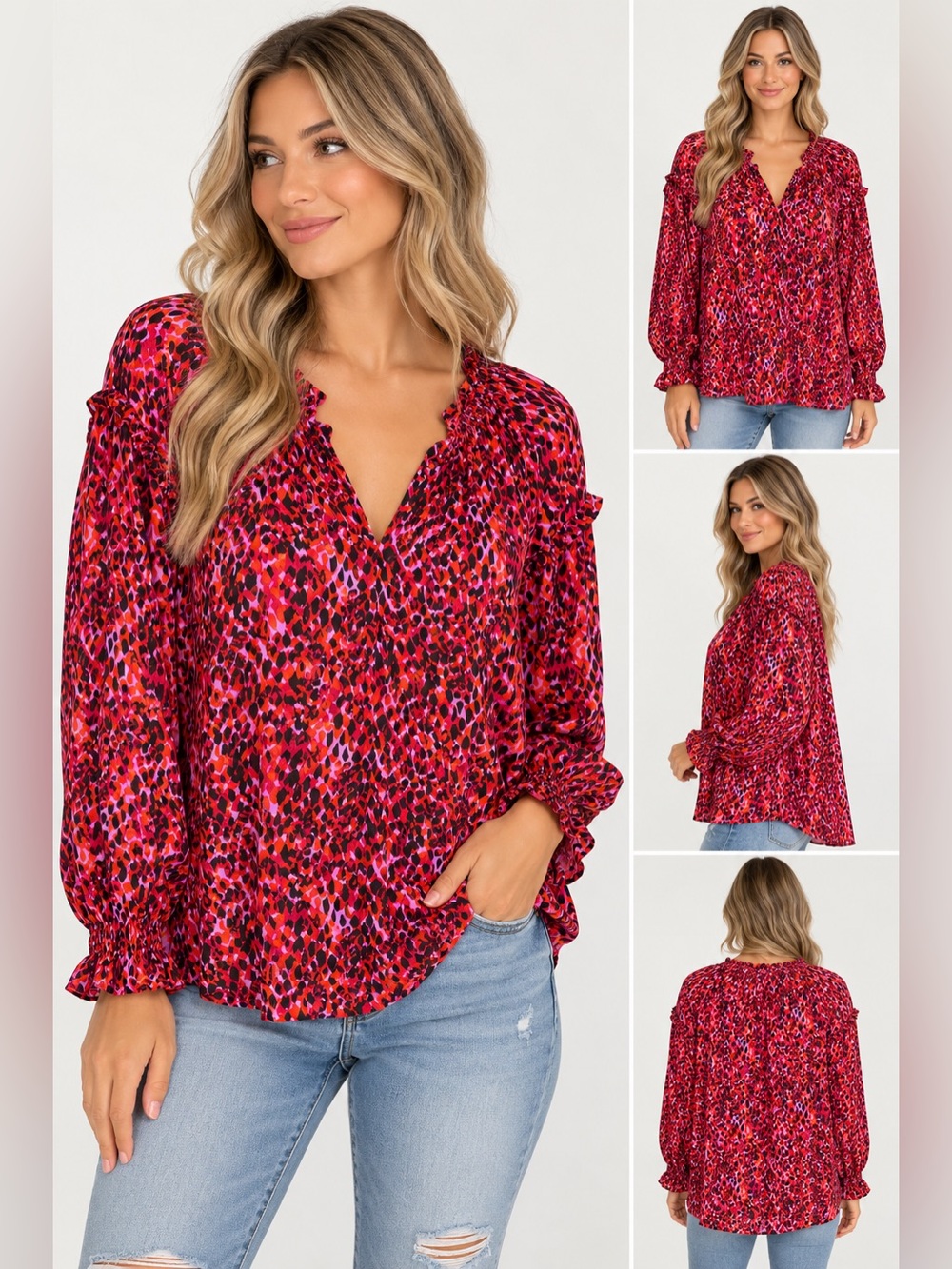 Umgee Women's Red Pink Leopard Print V-Neck Ruffle Long Sleeve Blouse size med